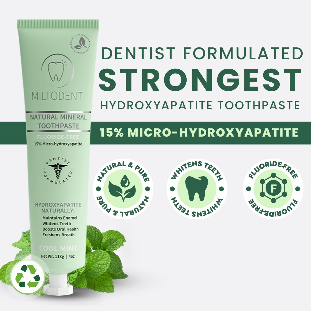 Hydroxyapatite Toothpaste MILTODENT 15% Micro-Hydroxyapatite – Fluoride-Free, SLS-Free, Foam-Free