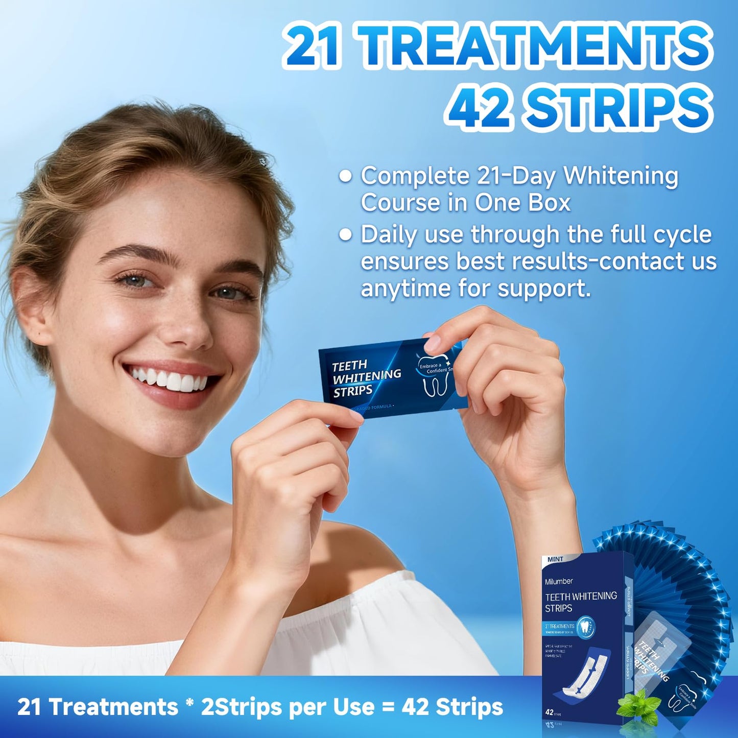 Milumber Teeth Whitening Strips for Sensitive – 42 Strips, Enamel Safe, Mint