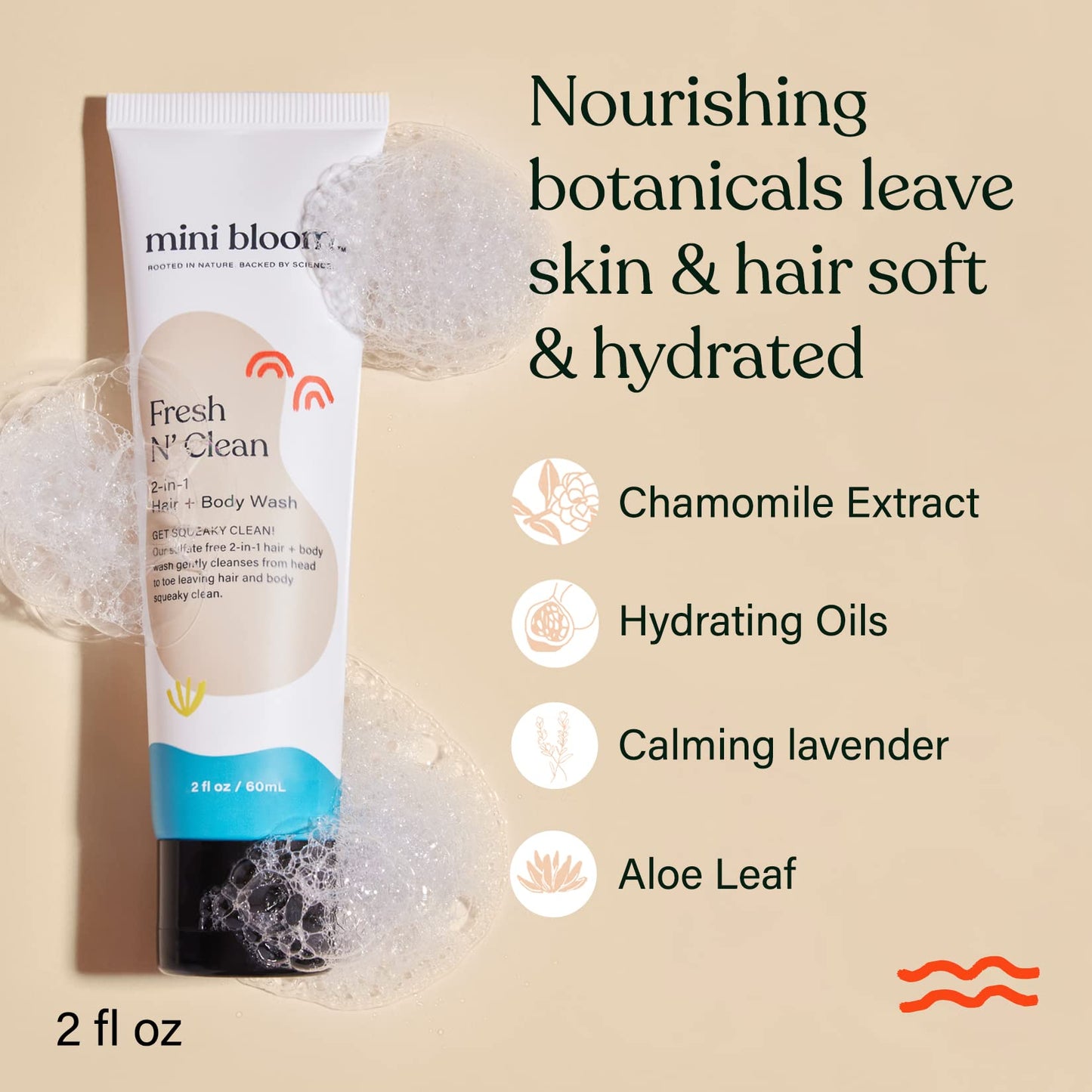 Mini Bloom Fresh N’ Clean 2-in-1 Hair & Body Wash – Sulfate-Free for Babies & Kids, Travel Size