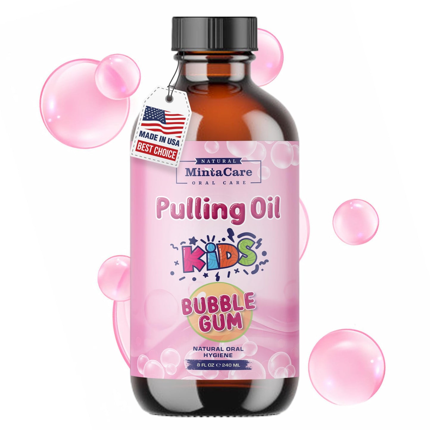 Mintacare All Natural Organic Oil Pulling for Kids – Bubble Gum Mouthwash, Fluoride & Alcohol Free, Made in USA, 8oz