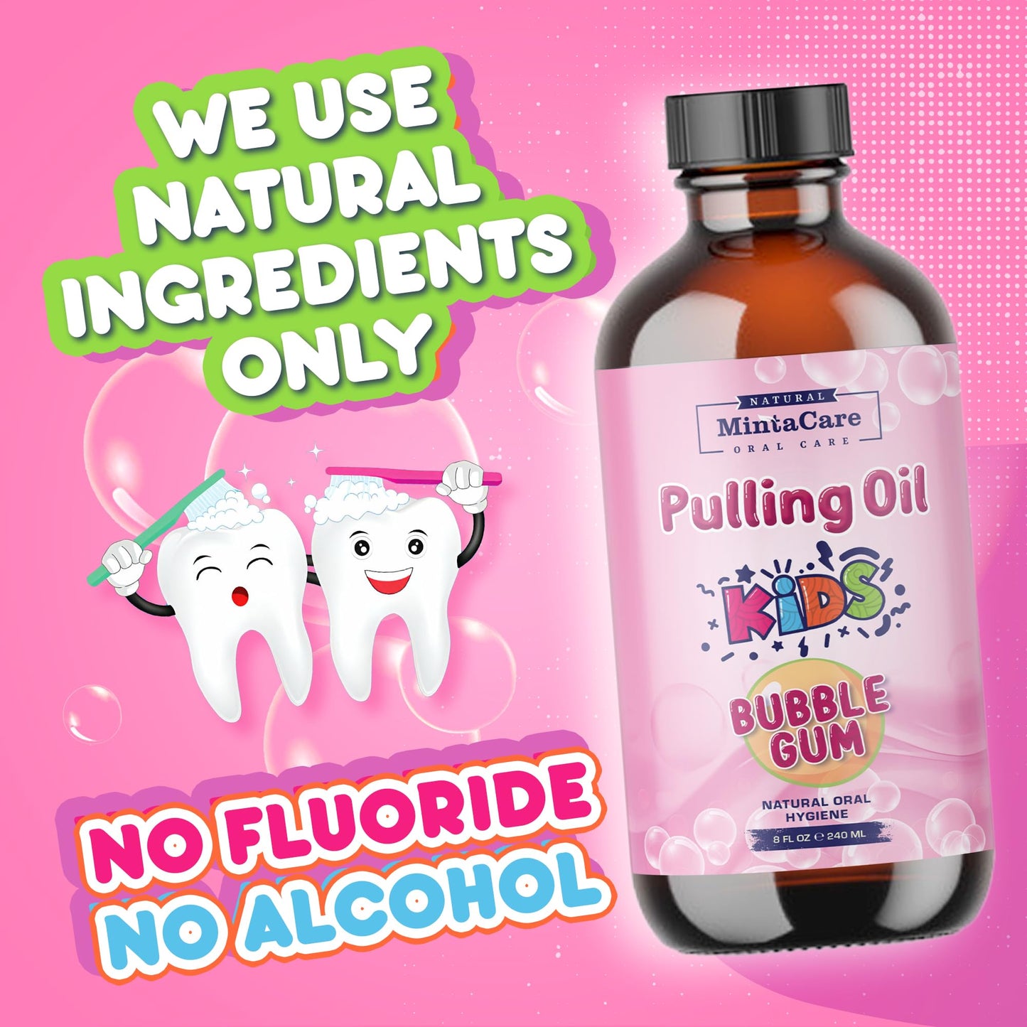 Mintacare All Natural Organic Oil Pulling for Kids – Bubble Gum Mouthwash, Fluoride & Alcohol Free, Made in USA, 8oz