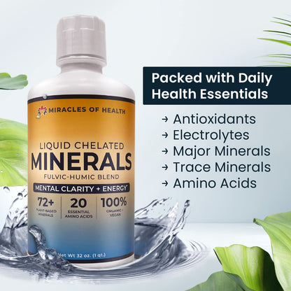 Liquid Chelated Minerals with Humic Fulvic Blend - 72+ Plant-Based Minerals, 32 oz