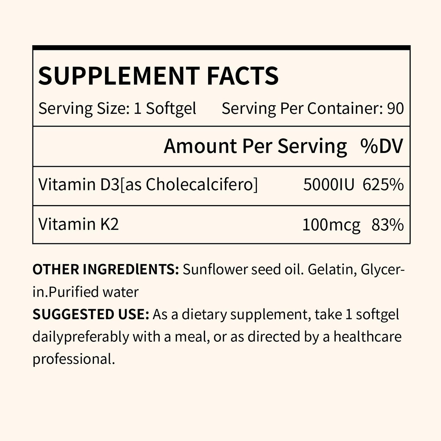 MISS PEP Vitamin D3 K2 5000 IU (MK-7) 90 Softgels - Immune & Bone Support