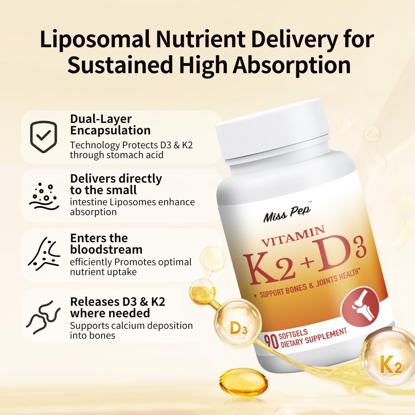 MISS PEP Vitamin D3 K2 5000 IU (MK-7) 90 Softgels - Immune & Bone Support
