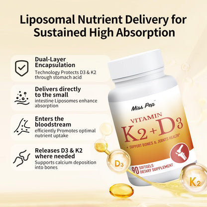 MISS PEP Vitamin D3 K2 5000 IU (MK-7) 90 Softgels - Immune & Bone Support