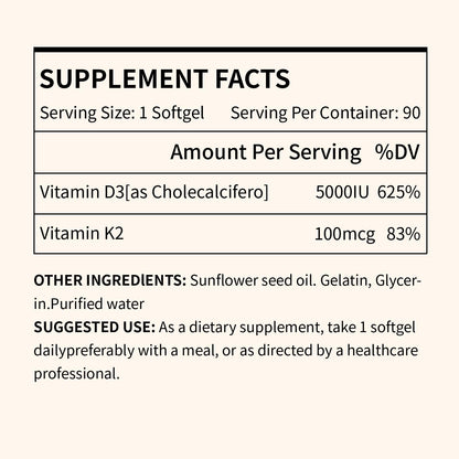 Miss Pep Vitamin D3 K2 5000 IU/100 mcg MK-7 – 90 Softgels with Sunflower Oil