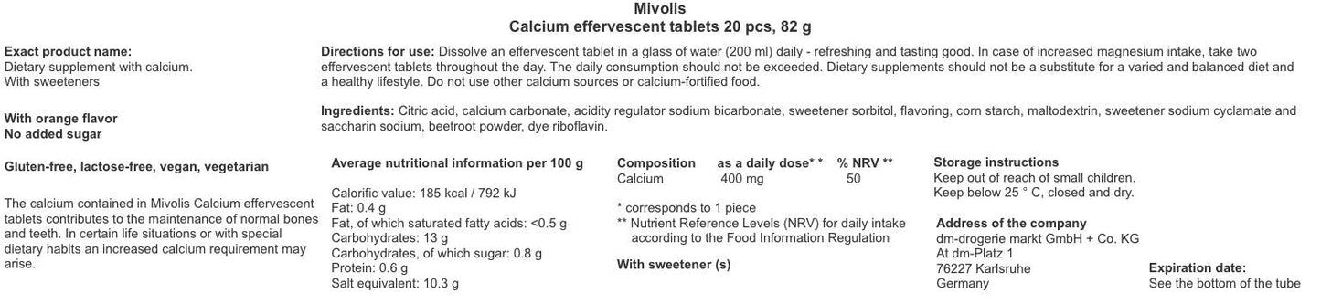 Mivolis Calcium Effervescent Tablets - 8 Tubes x 20 Pcs | Dietary Supplements Germany