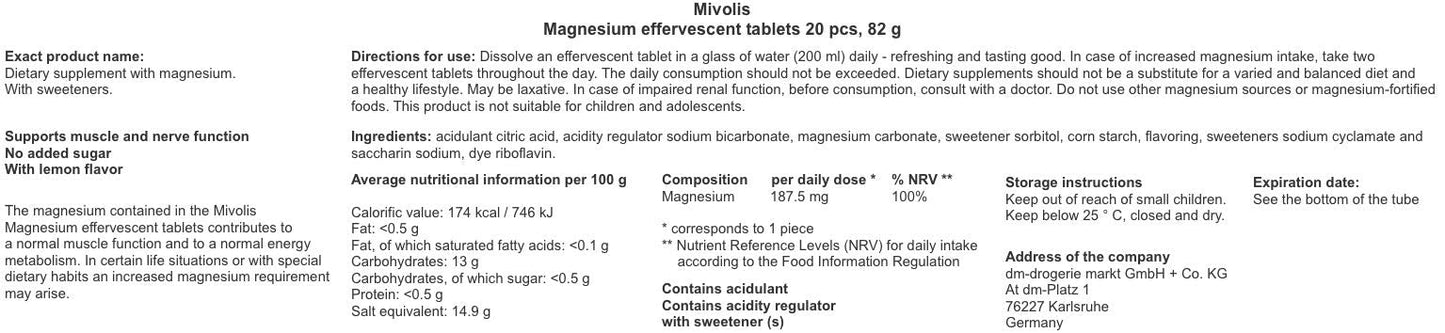 Mivolis Magnesium Effervescent Tablets - Dietary Supplements 8 Tubes x 20 pcs | Germany