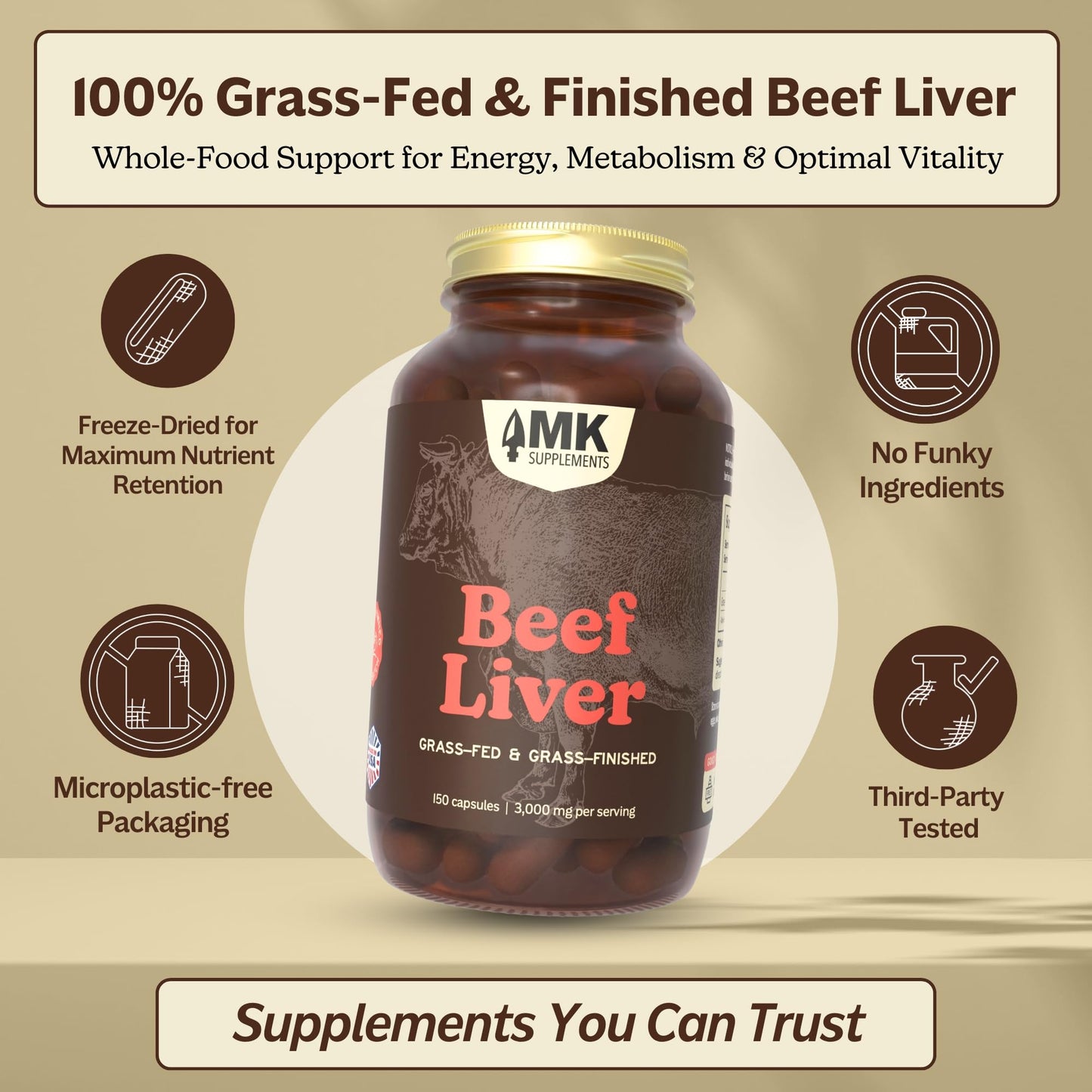 MK Supplements Grass Fed Beef Liver Supplement – Energy, Digestion & Immunity – Non-GMO, Freeze-Dried, 30 Servings