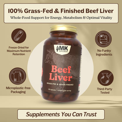 MK Supplements Grass Fed Beef Liver Supplement – Energy, Digestion & Immunity – Non-GMO, Freeze-Dried, 30 Servings