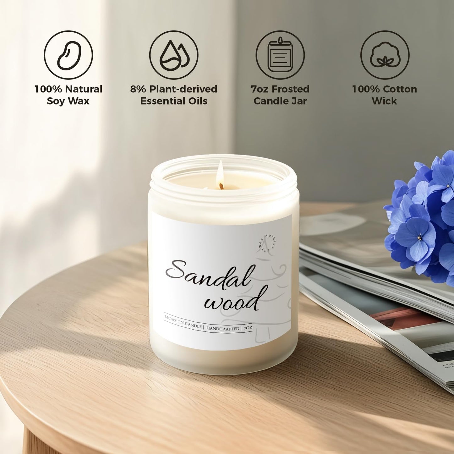 MOASITN Sandalwood Scented Candle – Cedar, Musk Soy Jar Candle 7oz | Handmade Aromatherapy Gift