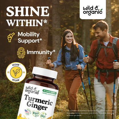 Wild & Organic Turmeric Ginger Capsules – Mobility & Immune Support | Vegan, Non-GMO | 90 Count