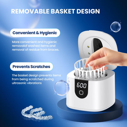 Moeila 45kHz Ultrasonic Retainer Cleaner Machine | Fast Cleaning for Aligners, Mouth Guards, Braces & Jewelry | 200ML Pod, 4 Modes & Digital Timer (White)