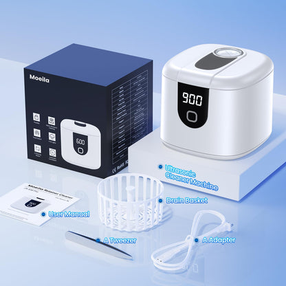 Moeila 45kHz Ultrasonic Retainer Cleaner Machine | Fast Cleaning for Aligners, Mouth Guards, Braces & Jewelry | 200ML Pod, 4 Modes & Digital Timer (White)
