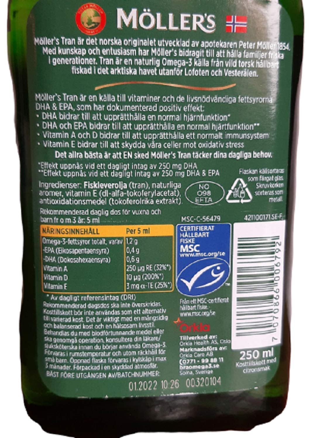 MÖLLER'S Tran Cod Liver Oil 250 ml | Citron Flavor | Omega-3 | Vitamin A, D & E