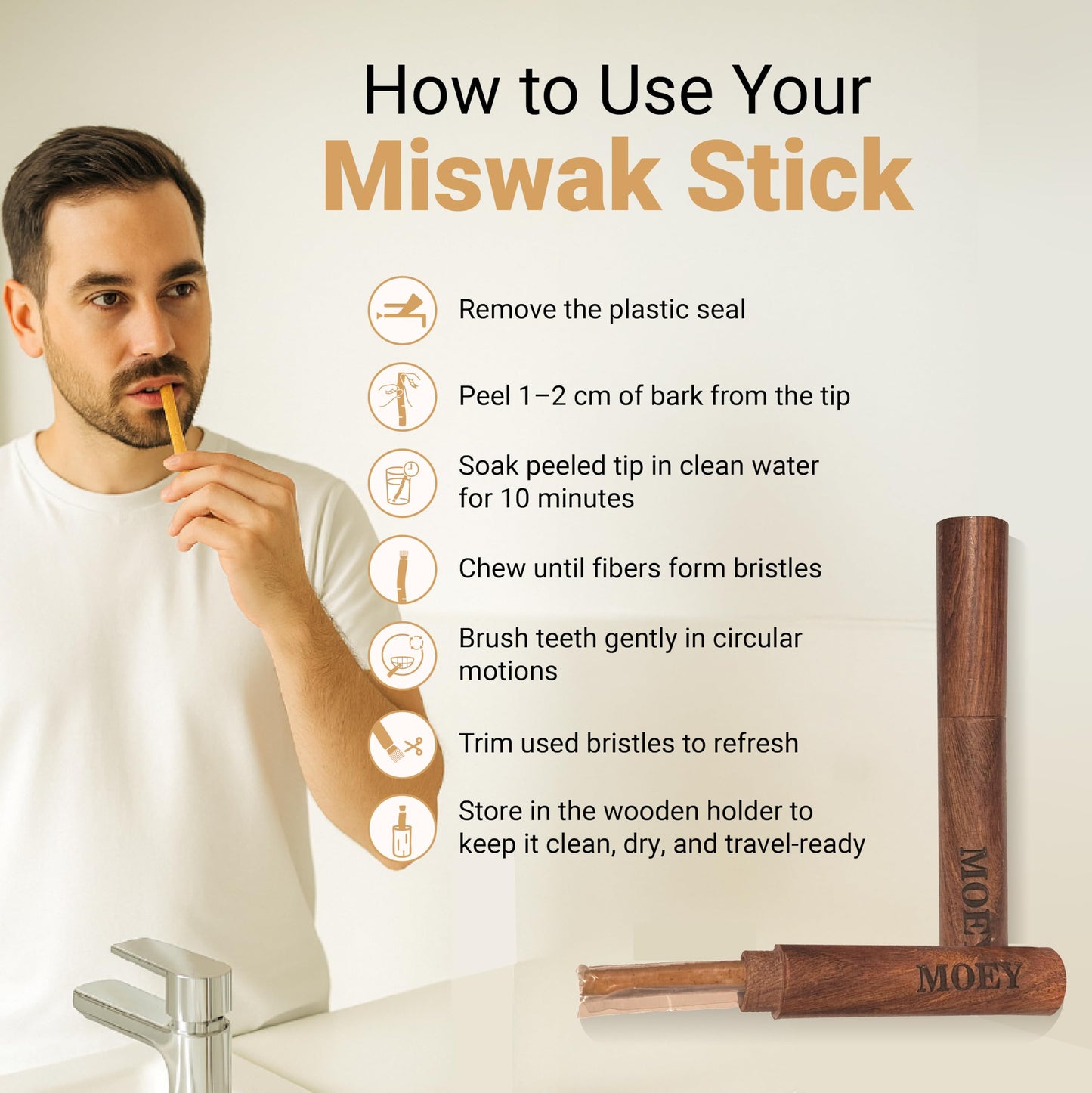 MOEY Miswak Stick with Wooden Holder – Salvadora Persica, Whitens Teeth