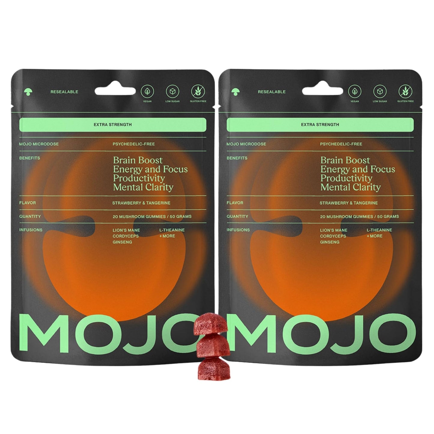 Mojo Focus Gummies with Lion's Mane, Panax Ginseng, Ginger & Cordyceps – Energy & Focus Supplement (Vegan) | 20 Count Pack of 2