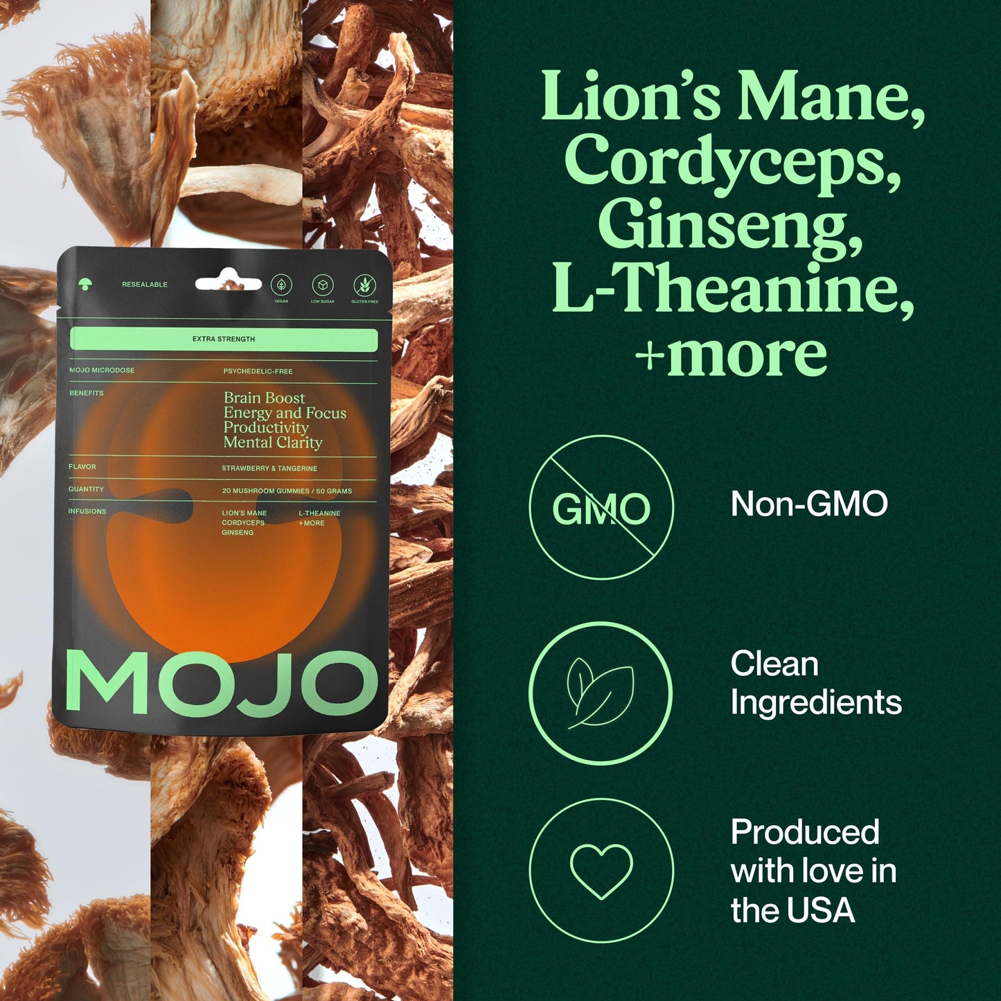 Mojo Focus Gummies with Lion's Mane, Panax Ginseng, Ginger & Cordyceps – Energy & Focus Supplement (Vegan) | 20 Count Pack of 2