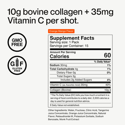 Momentous Collagen Shot - Hydrolyzed Collagen + Vitamin C, NSF Certified for Sport, Orange Mango, 15 Servings