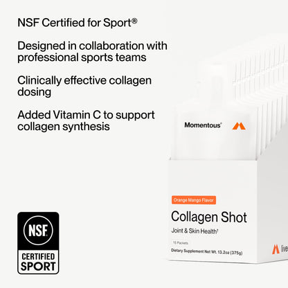 Momentous Collagen Shot - Hydrolyzed Collagen + Vitamin C, NSF Certified for Sport, Orange Mango, 15 Servings