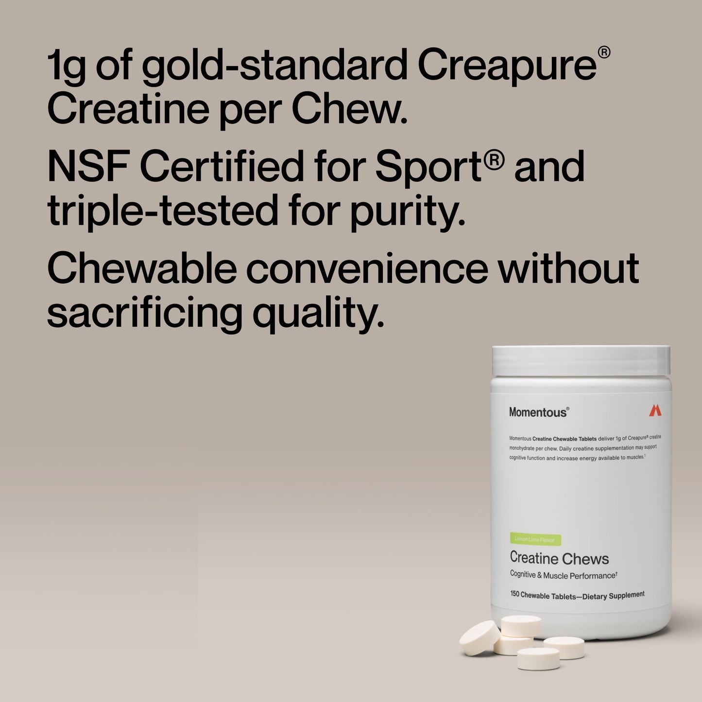 Momentous Creatine Chews – Creapure Creatine Monohydrate, 150 Chewable Tablets, Lemon Lime