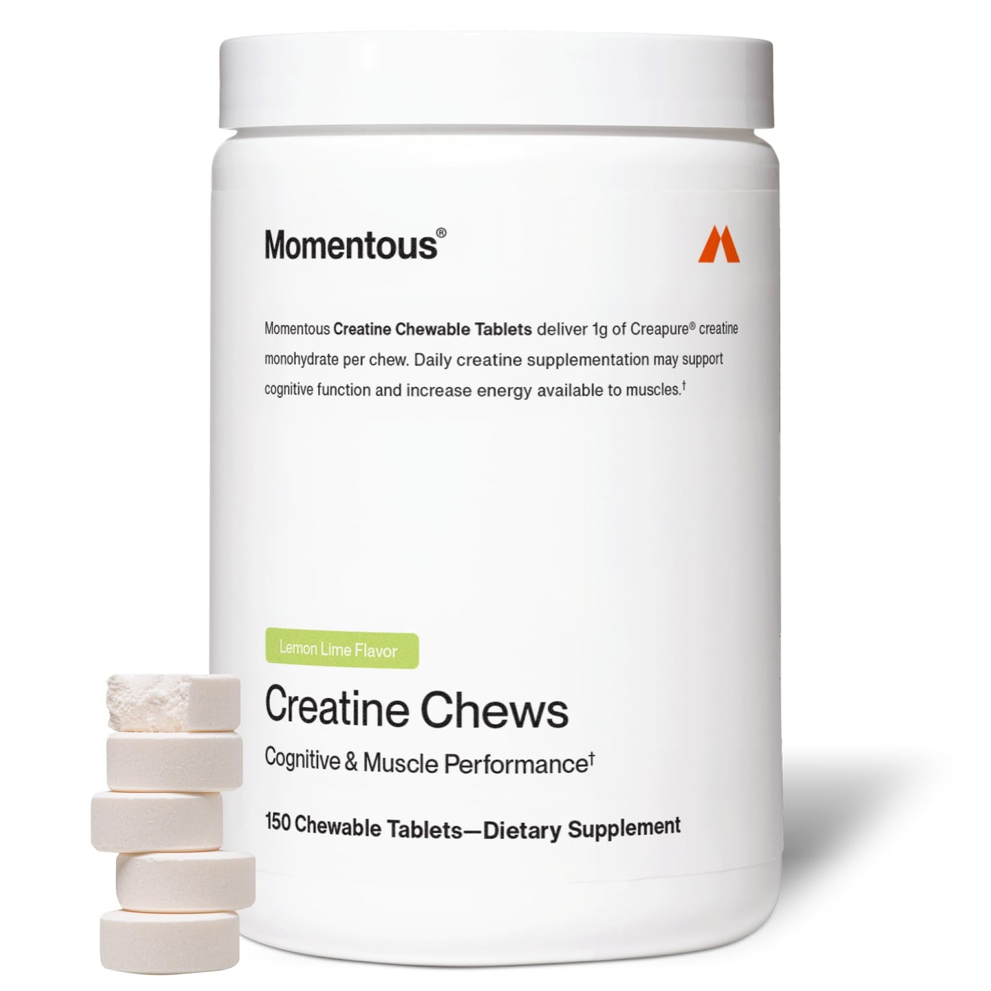 Momentous Creatine Chews – Creapure Creatine Monohydrate, 150 Chewable Tablets, Lemon Lime