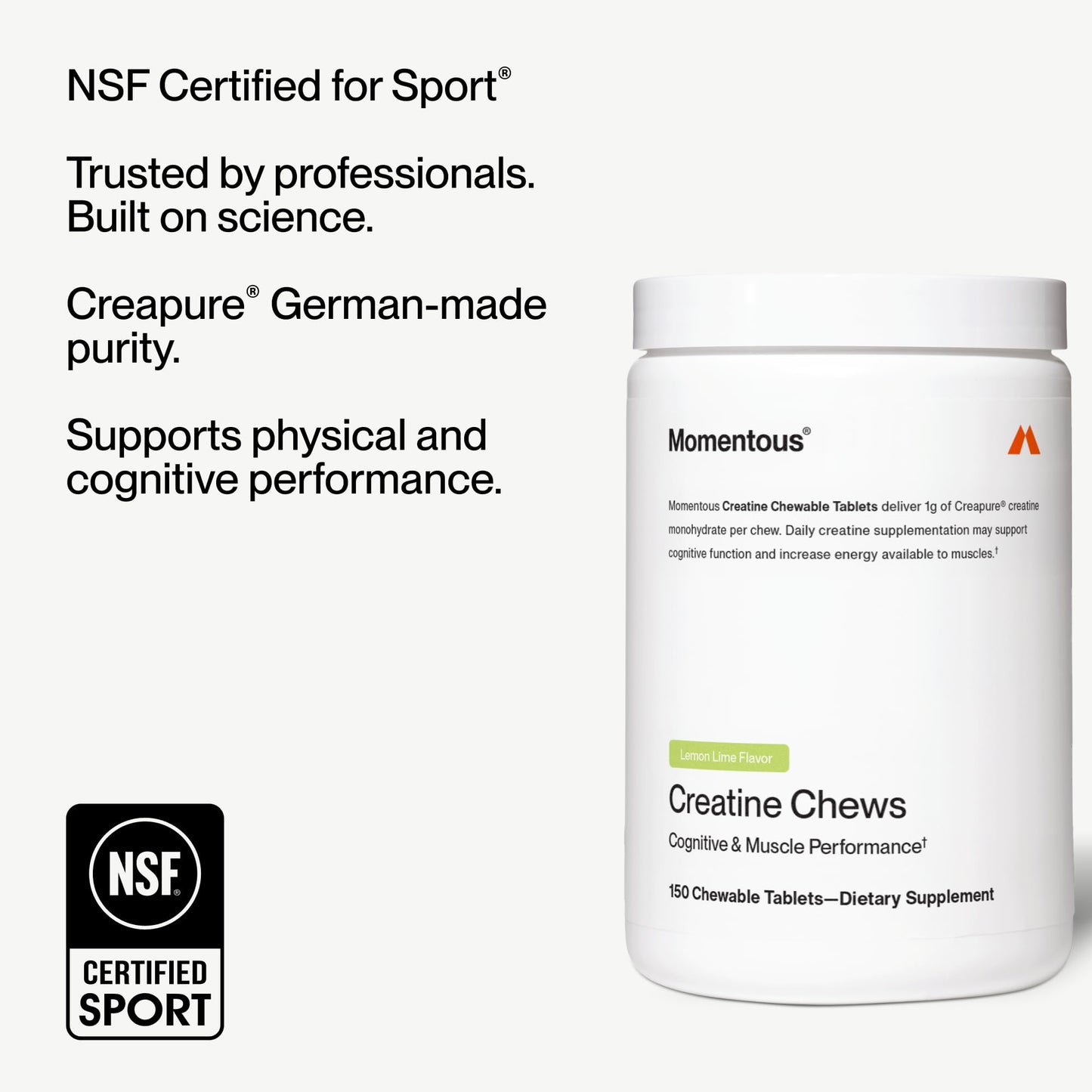 Momentous Creatine Chews – Creapure Creatine Monohydrate, 150 Chewable Tablets, Lemon Lime