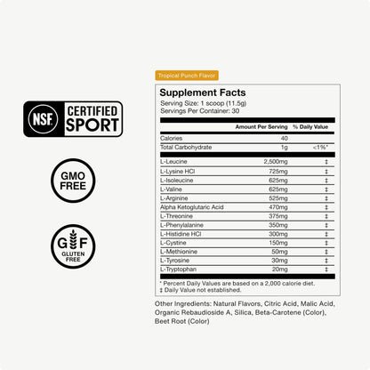 Momentous Vital Aminos Powder – 13 Amino Acids (EAAs + extras) | BCAA & EAA | Tropical Punch | NSF Certified for Sport | GMO & Gluten-Free | 30 Servings