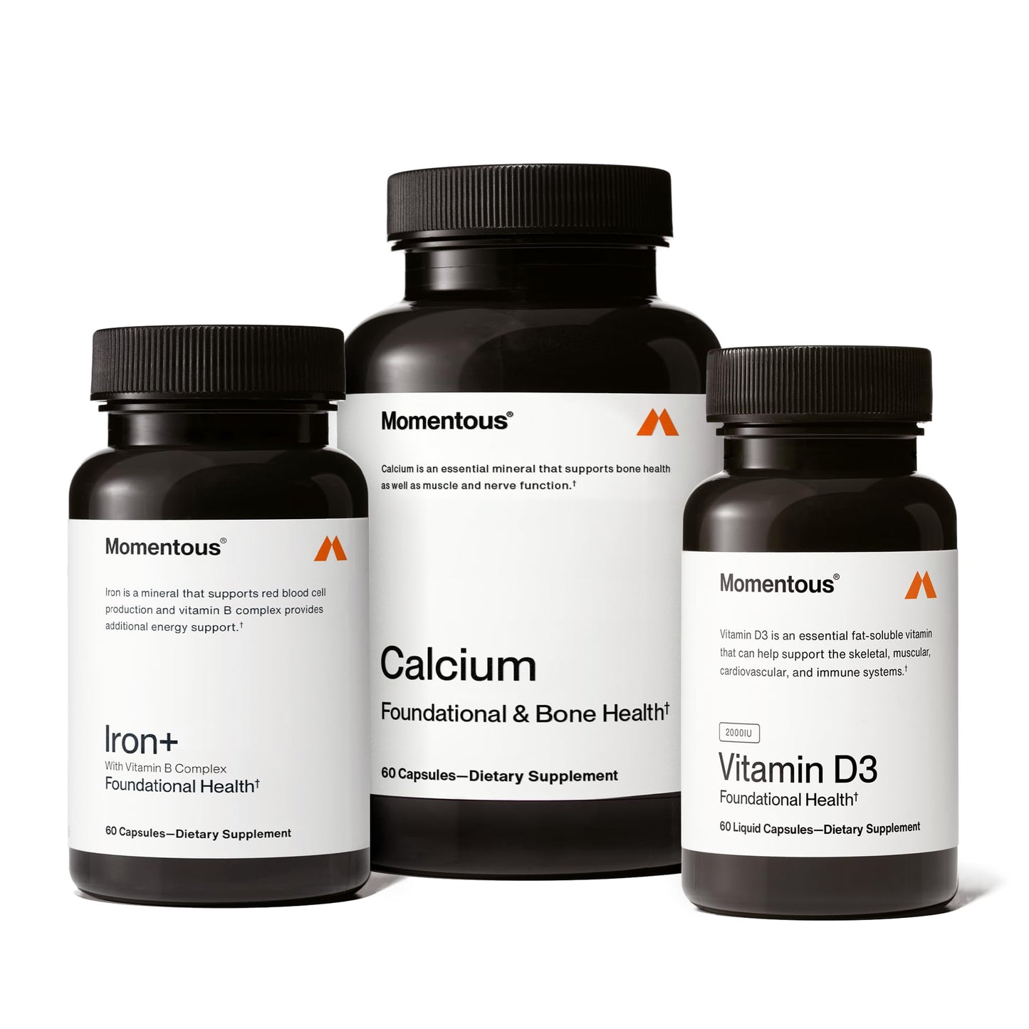 Momentous The Women's Three Bundle - Iron+, Calcium & Vitamin D3 (2,000 IU) | NSF Certified for Sport | Gluten-Free | 60 Servings