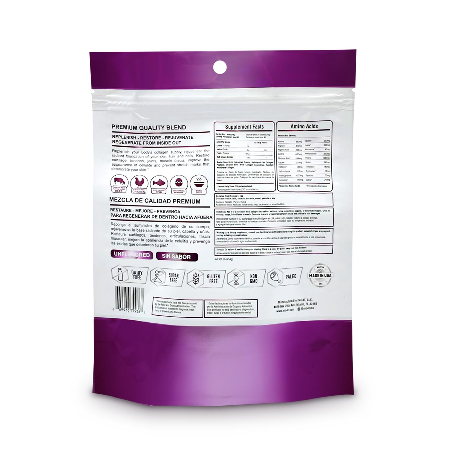 MO4T MOMOF4TRANSFORM Hydrolyzed Multi Collagen Powder | Sugar-Free, Grass-Fed | 1 lb | Hair, Skin & Nails