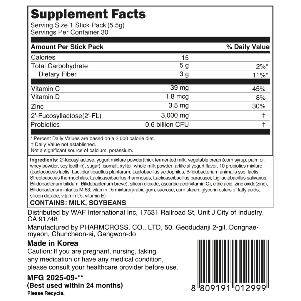 MOMSTAMIN Premium 3,000mg HMO 2'-FL Prebiotic Probiotic Powder – Immunity & Gut Health (30 Sticks)