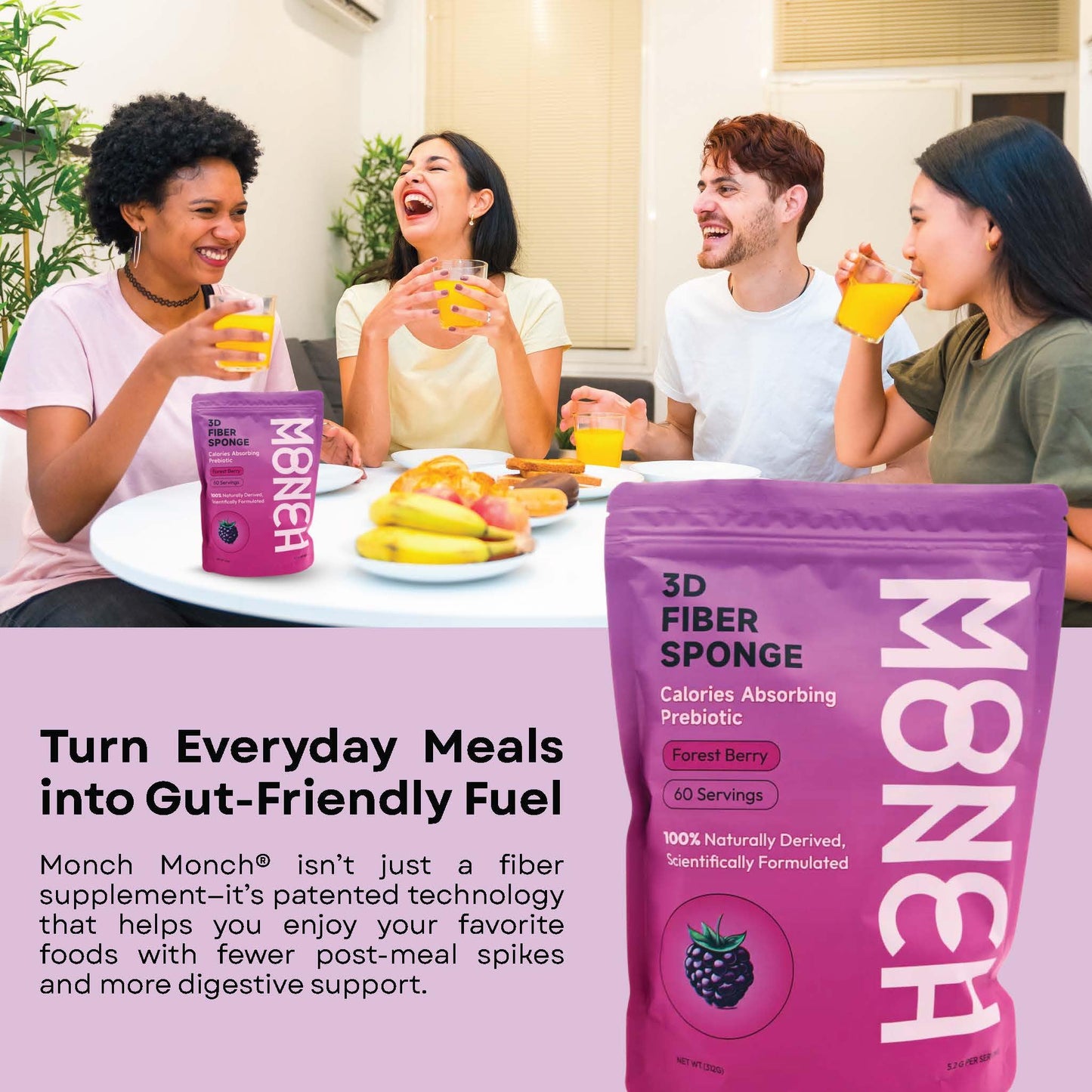 Monch Monch Calorie Absorbing Fiber Sponge – Forest Berry, 60 Ct – Vegan Konjac Gum + Prebiotic Fiber for Gut Health & Blood Sugar Support