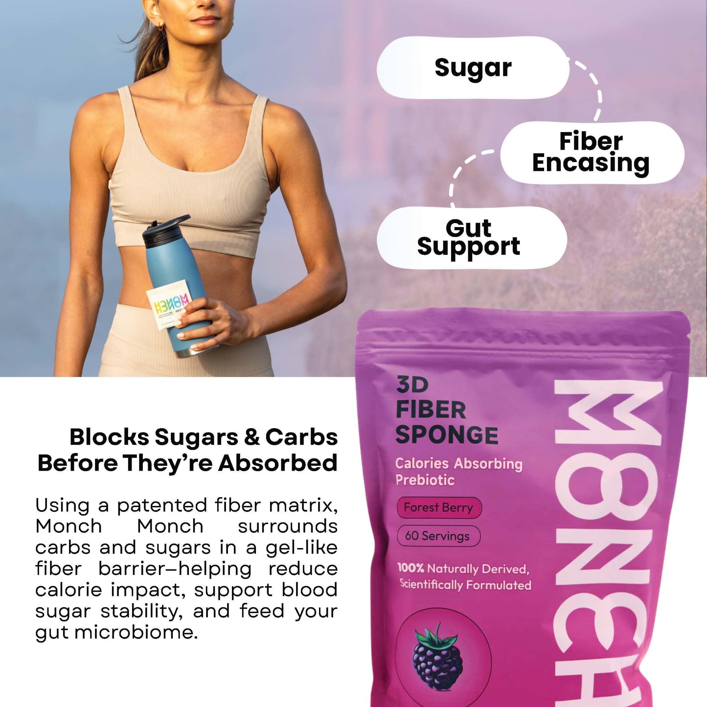 Monch Monch Calorie Absorbing Fiber Sponge – Forest Berry, 60 Ct – Vegan Konjac Gum + Prebiotic Fiber for Gut Health & Blood Sugar Support