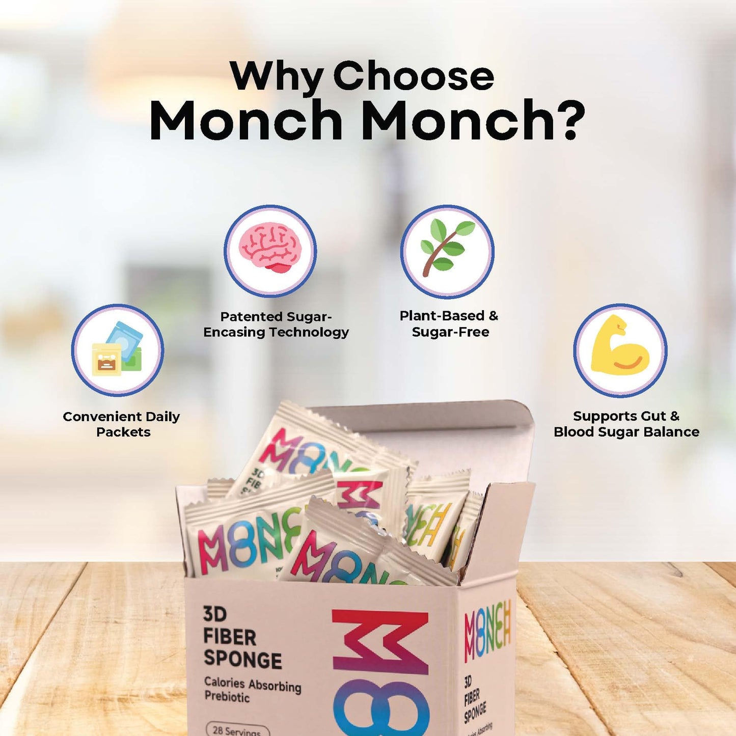 Monch Monch Prebiotic Fiber Powder Unflavored — Calorie-Absorbing Soluble Fiber for Gut Health, Vegan & Sugar-Free (28 Ct)