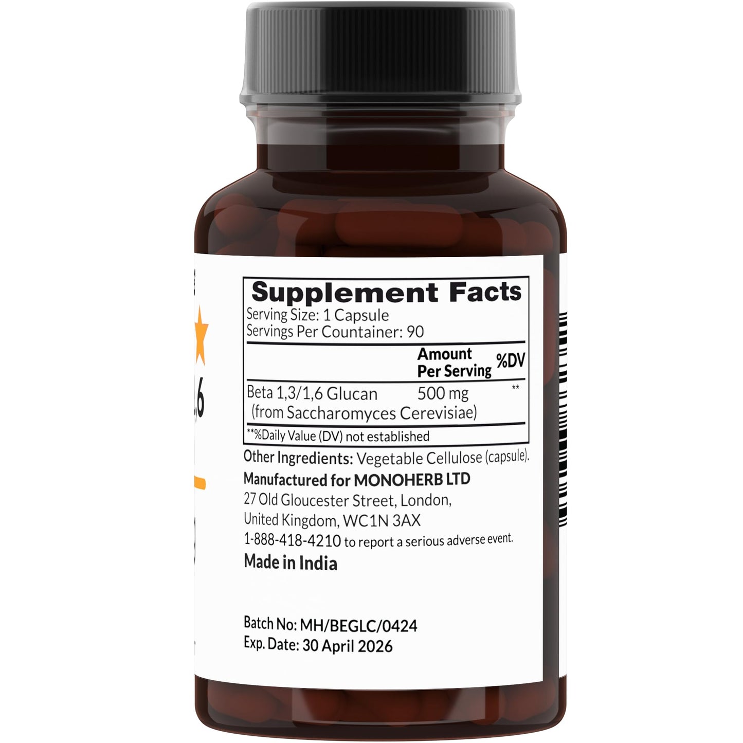 MONOHERB Beta 1,3/1,6 Glucan 500 mg per Capsule - 90 Veg Capsules (90 Servings)