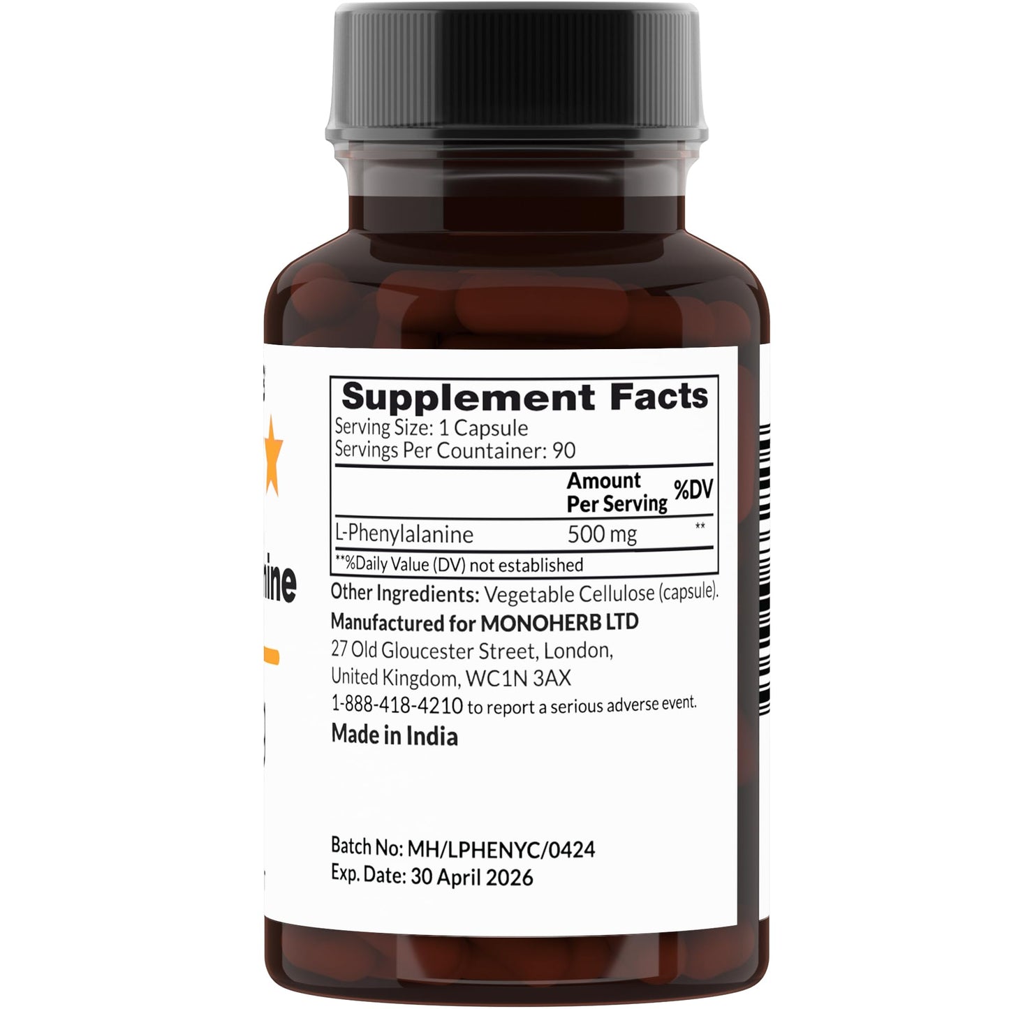 MONOHERB L-Phenylalanine 500 mg – 90 Veg Capsules