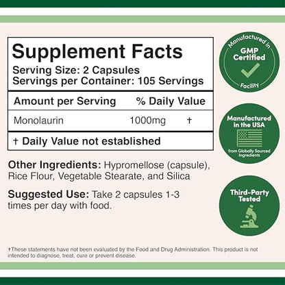 Double Wood Monolaurin Immune Support – 1,000mg per Serving, 210 Capsules (Vegan, Non-GMO, Gluten Free) – Pack of 2