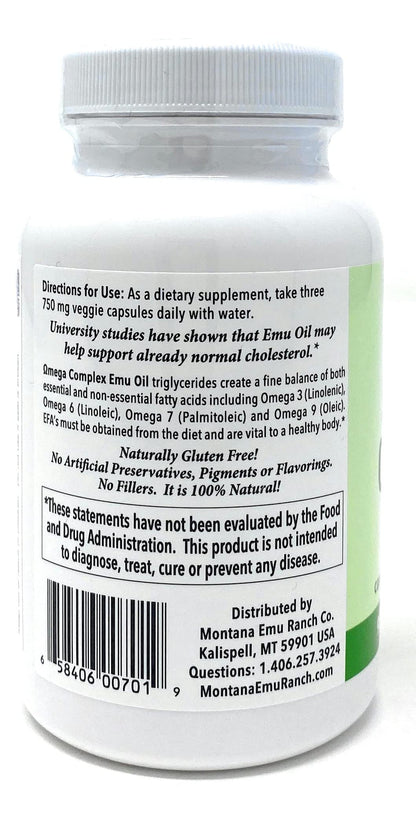Montana Emu Ranch EMUtrients Omega Complex Emu Oil 750mg | Omega 3, 6, 7, 9 | 90 Veggie Caps