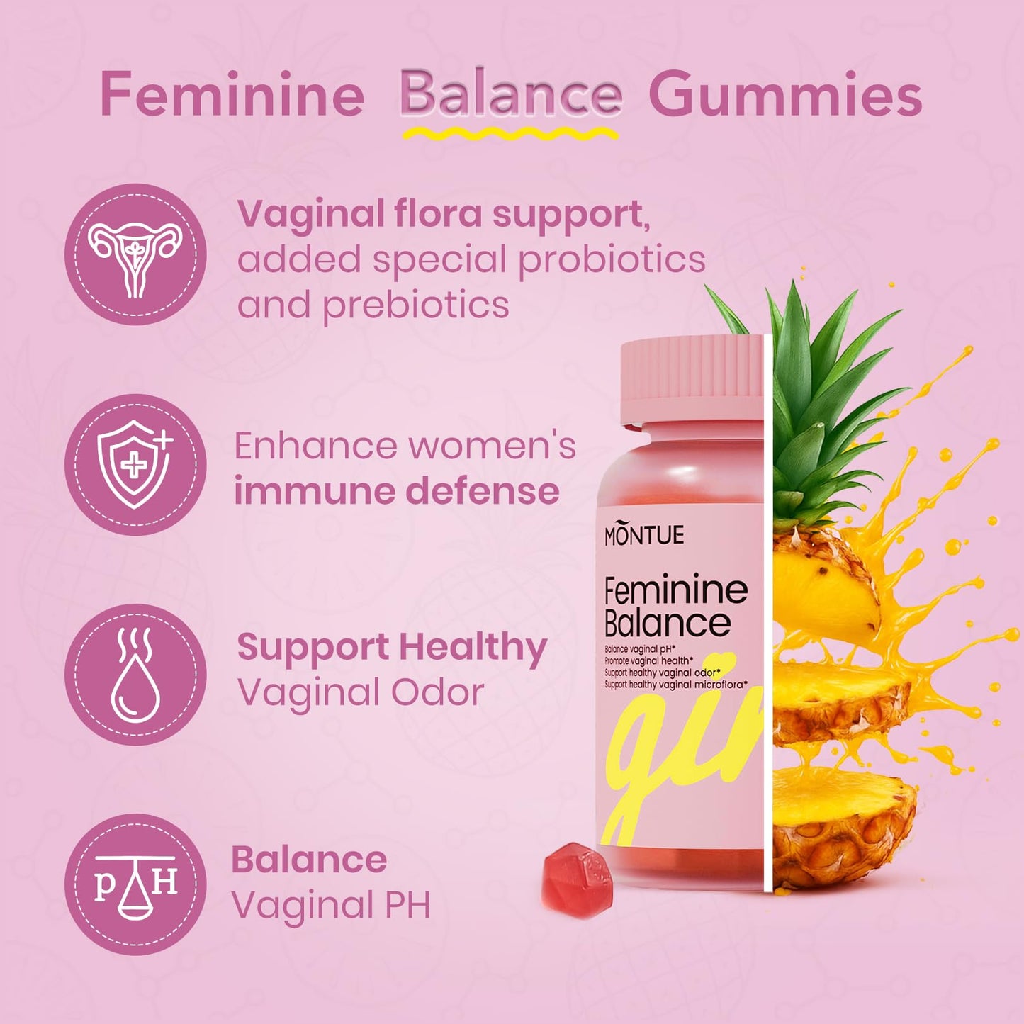 Montue Premium Diamond Feminine Balance Gummies - pH Balance with Prebiotics & Lactobacillus Probiotic Blend, Hawaiian Pineapple, Immune Support, Vegan & Non-GMO (60 Gummies)