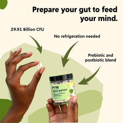 PYM Mood Biotics: Probiotic & Prebiotic Mood Support – 22.91B CFU, 60 Count, Vegan, Gluten Free, Non-GMO