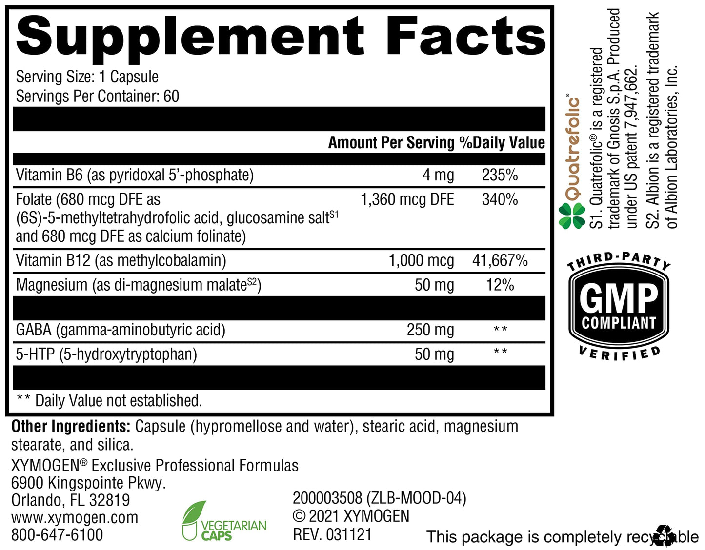 XYMOGEN Mood Food – Mood Support with GABA, 5-HTP & B Vitamins (60 capsules)