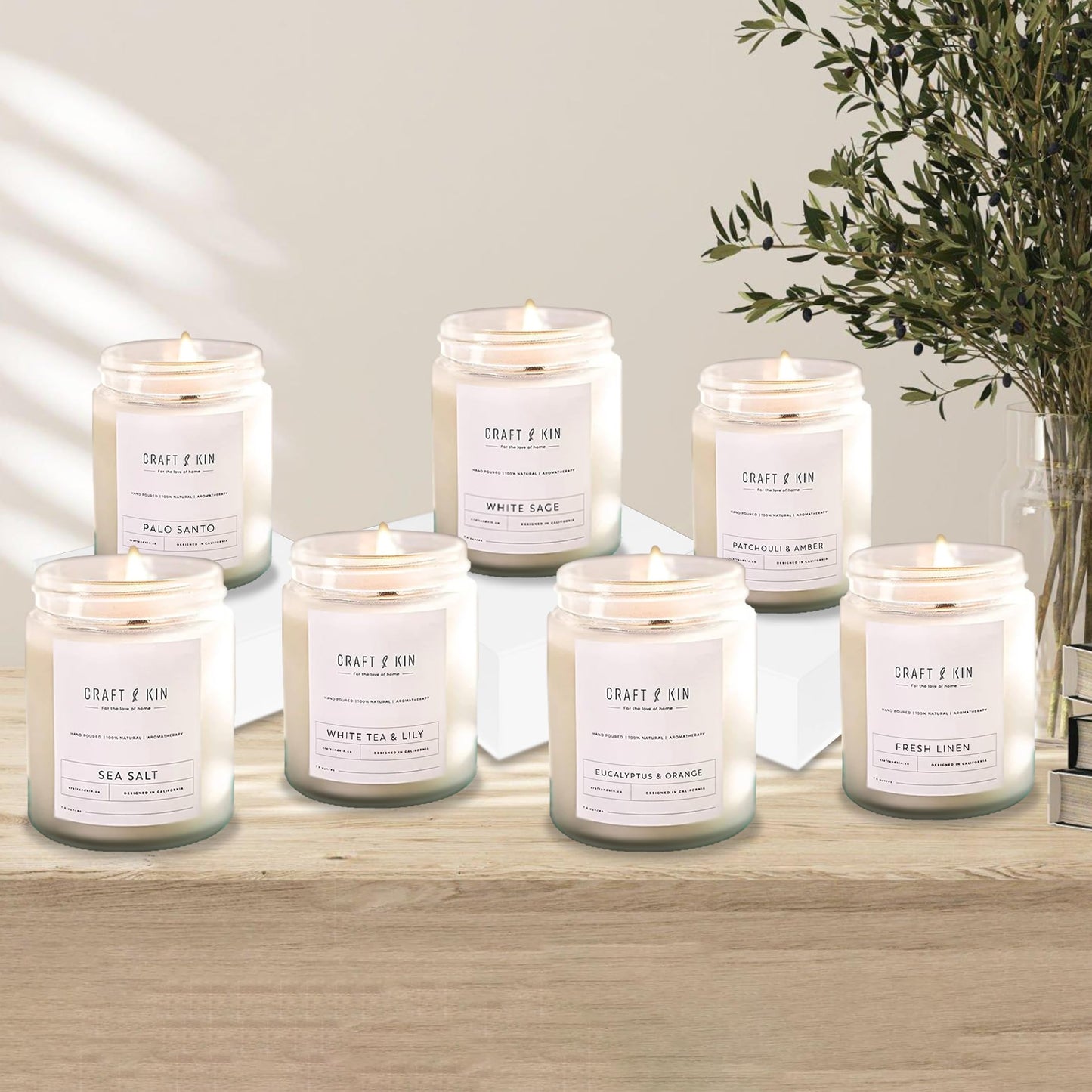 Craft & Kin Fresh Linen Soy Candle – 8 oz, Wood Wick, 45-Hour Burn