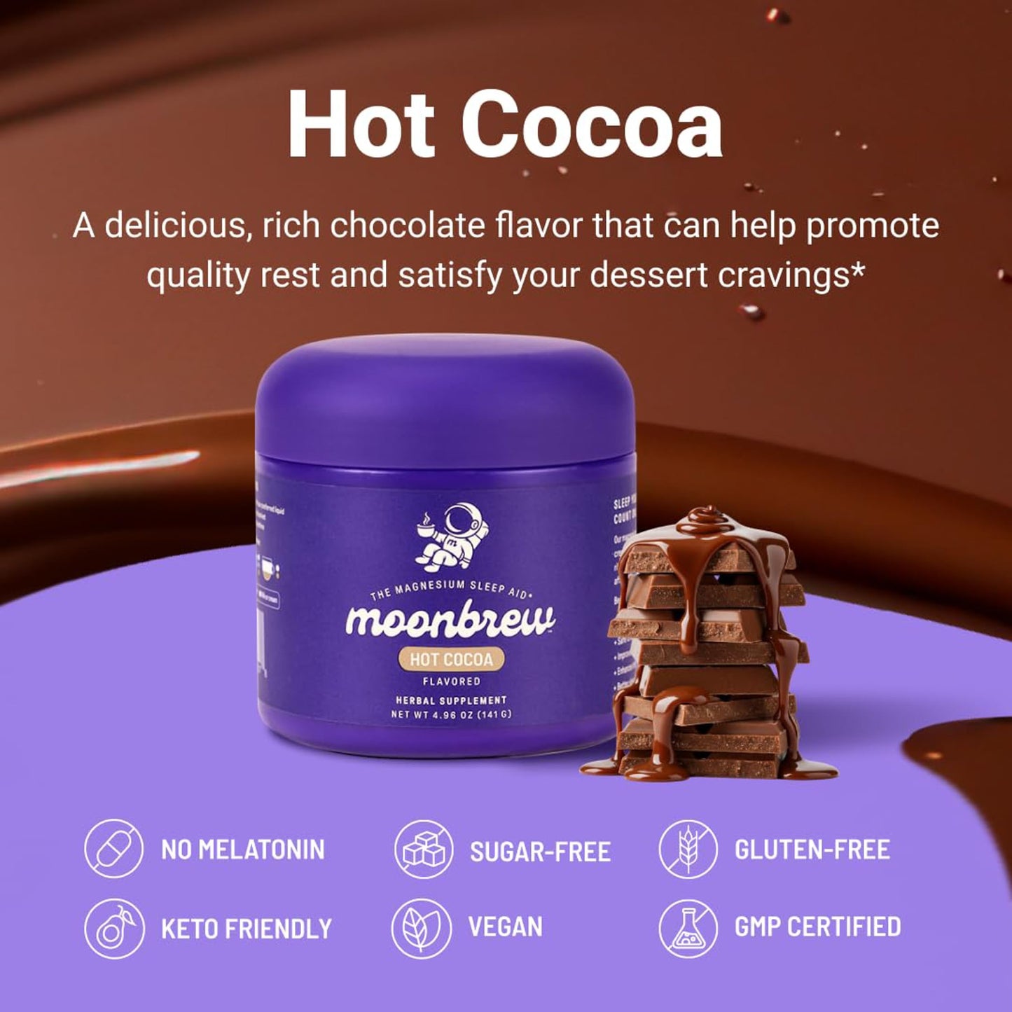 MoonBrew Nighttime Magnesium Hot Cocoa – Sleep Support (Melatonin-Free) with L-Theanine & Chamomile