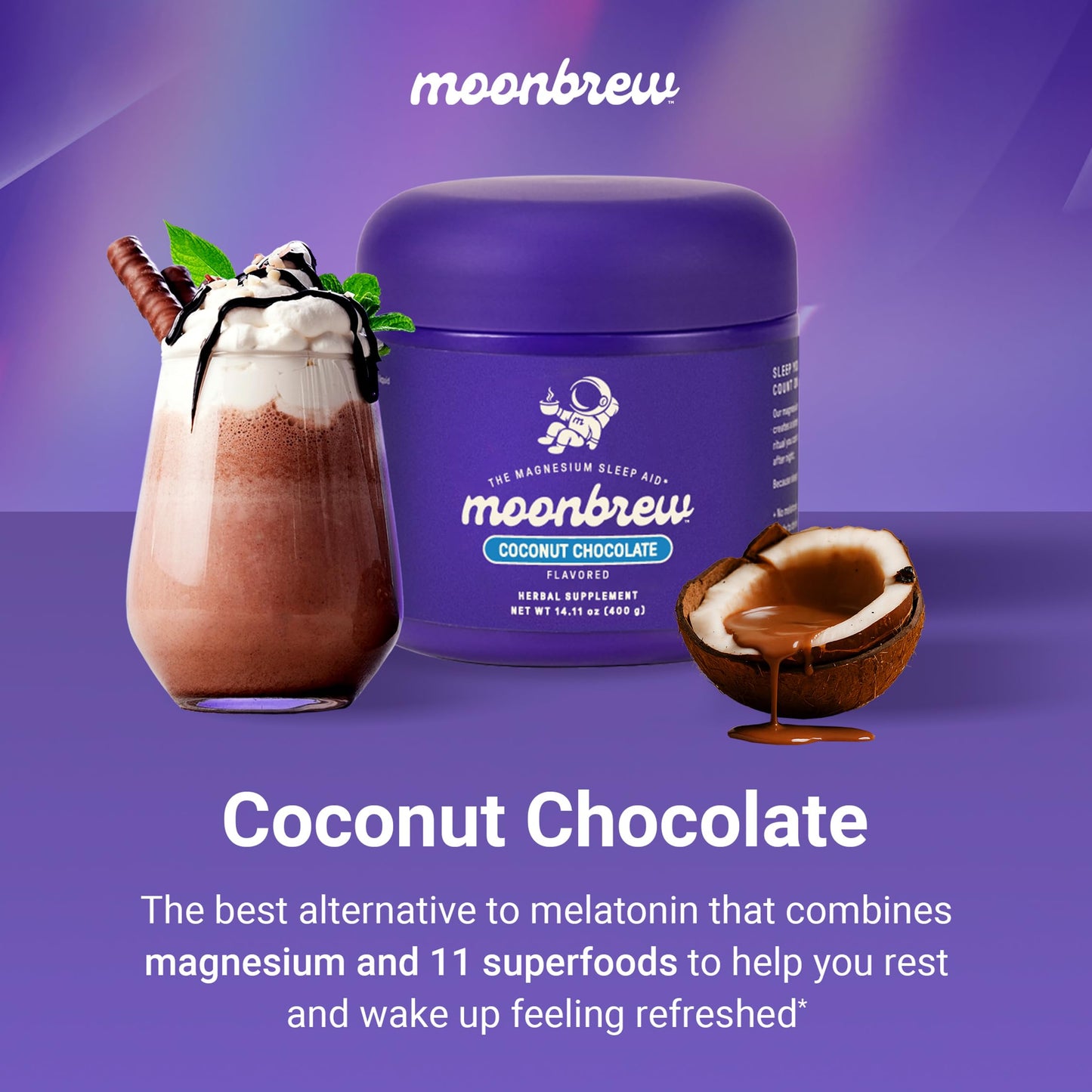 MoonBrew Nighttime Magnesium Coconut Chocolate Sleep Drink Mix – Melatonin-Free