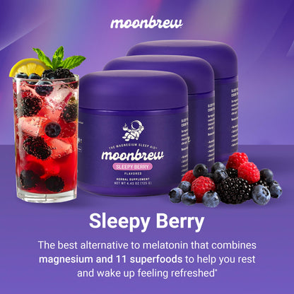 MoonBrew Nighttime Magnesium Sleepy Berry Smoothie – 3-Pack, Melatonin-Free Sleep Support with L-Theanine, Chamomile & Zinc Glycinate | 75 Servings