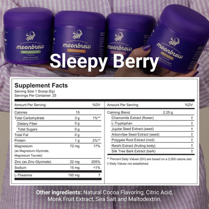 MoonBrew Nighttime Magnesium Sleepy Berry Smoothie – 3-Pack, Melatonin-Free Sleep Support with L-Theanine, Chamomile & Zinc Glycinate | 75 Servings