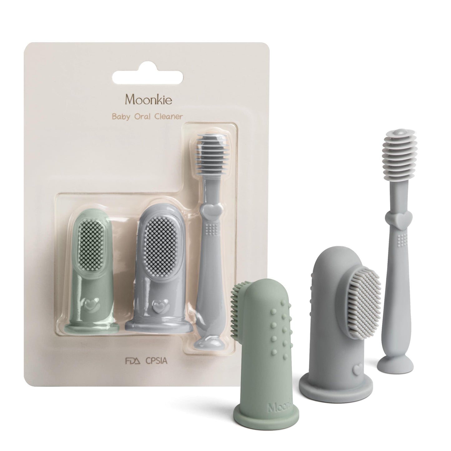 Moonkie Baby Finger Toothbrush & Tongue Cleaner Kit – 3 Months+, 3 Pcs (Blue/Mint/Blue)