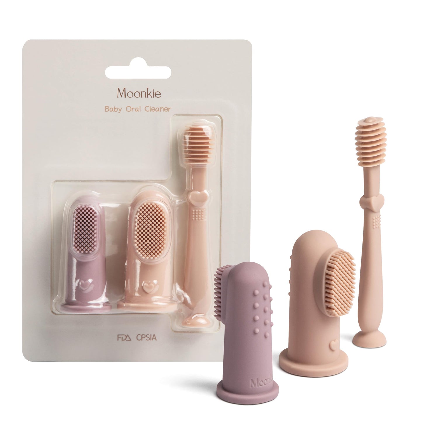 Moonkie Baby Finger Toothbrush & Tongue Cleaner Kit – 3 Months+ (3 Pcs) – Blush, Pale Mauve