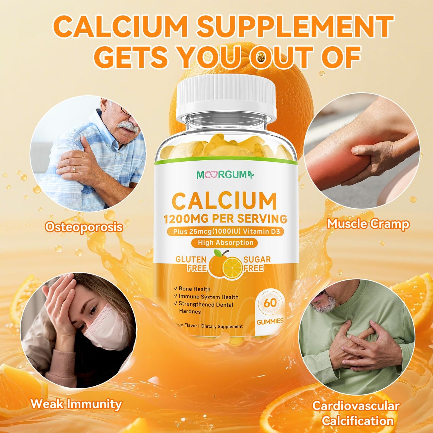 MOORGUMY Calcium Citrate Gummies 1200 mg & Vitamin D3 1000IU | Bone & Teeth Support (Orange) 60 Count