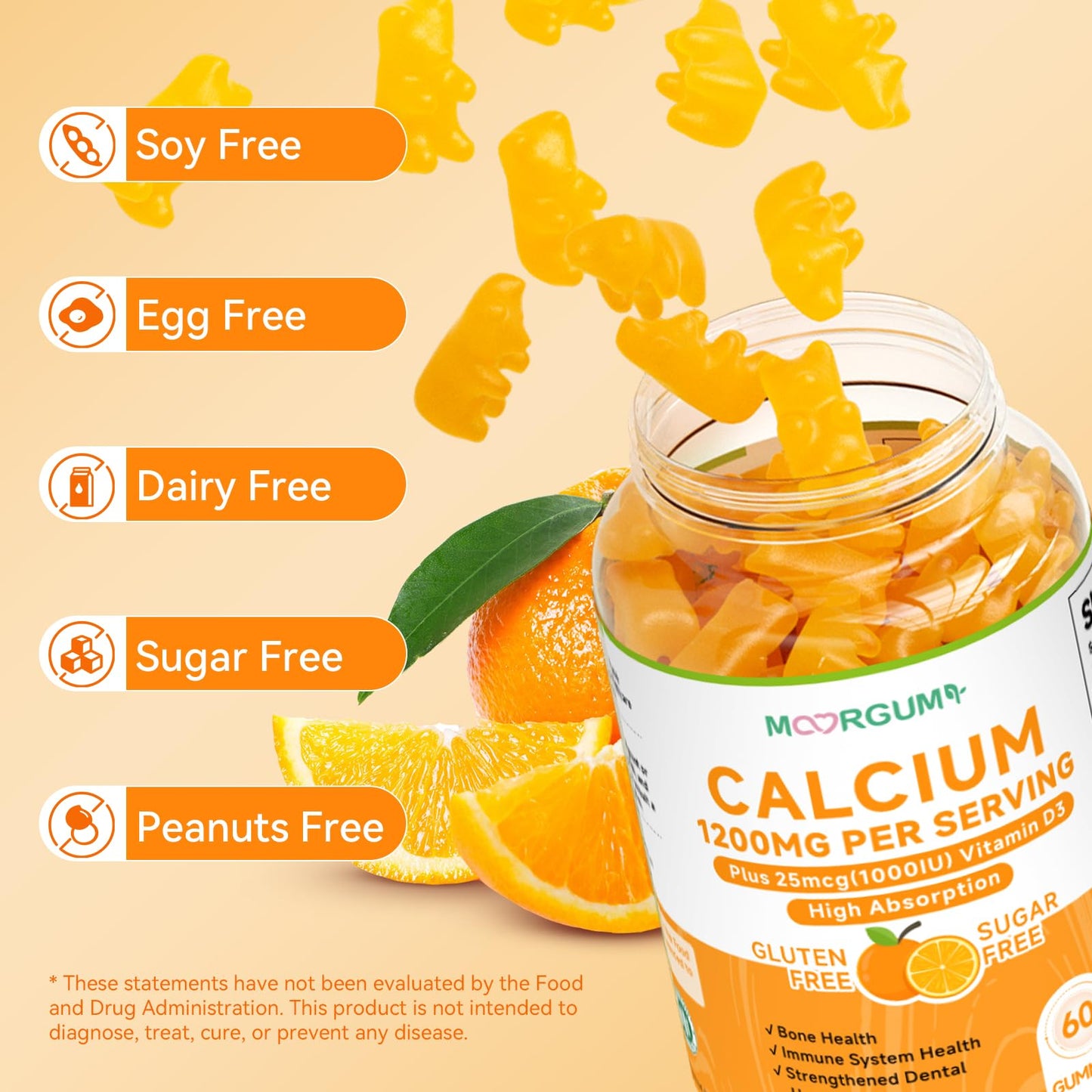 MOORGUMY Calcium Citrate Gummies 1200 mg & Vitamin D3 1000IU | Bone & Teeth Support (Orange) 60 Count